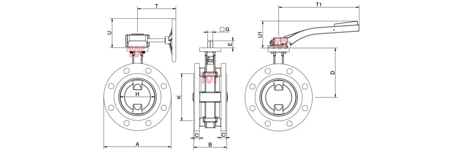 Flanged Type PTFE Lined Butterfly Valve Dimension