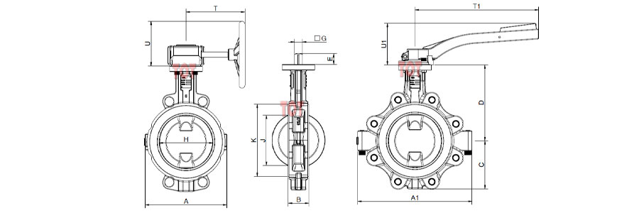 Wafer & Lug Type PTFE Lined Butterfly Valve Dimension