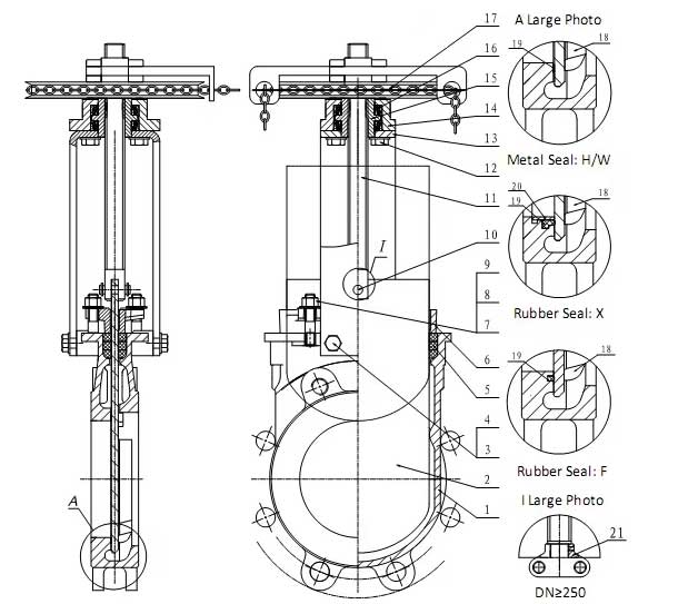 Black and white drawing of Chainwheel Operated Knife Gate Valve 
