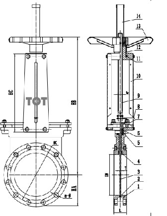 Black and white drawing of flanged knife gate valve